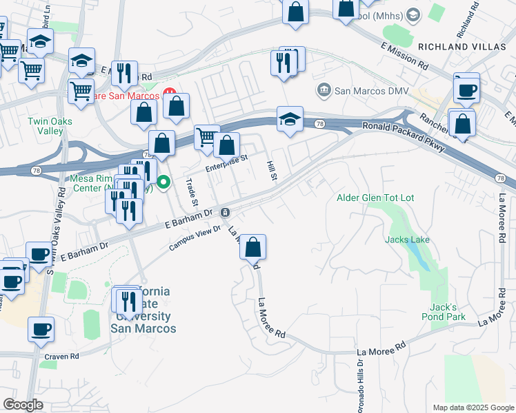 map of restaurants, bars, coffee shops, grocery stores, and more near 1495 East Barham Lane in San Marcos