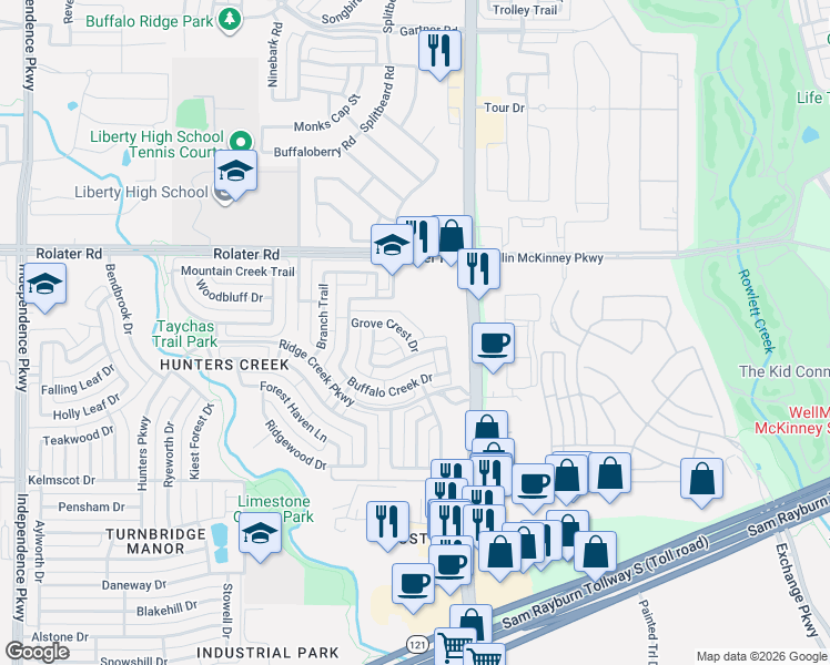 map of restaurants, bars, coffee shops, grocery stores, and more near 15872 Grove Crest Drive in Frisco