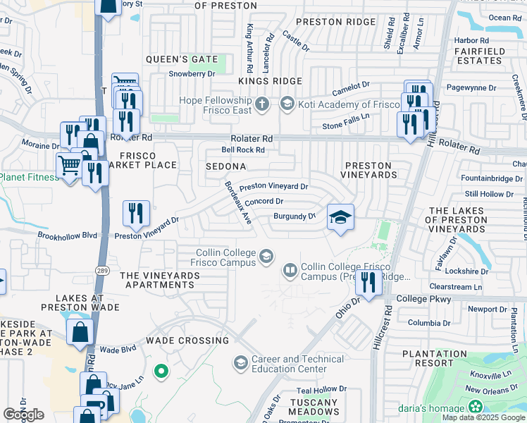 map of restaurants, bars, coffee shops, grocery stores, and more near 10000 Burgundy Drive in Frisco