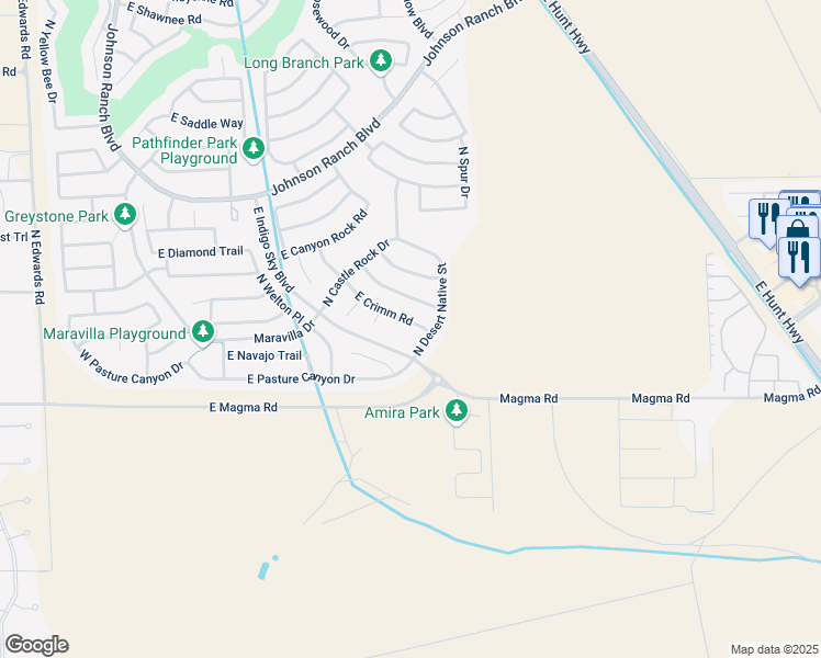 map of restaurants, bars, coffee shops, grocery stores, and more near 1075 East Crimm Road in Queen Creek
