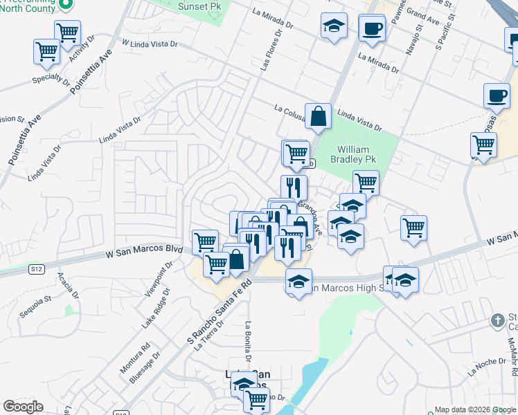 map of restaurants, bars, coffee shops, grocery stores, and more near 650 South Rancho Santa Fe Road in San Marcos