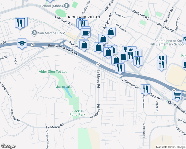 map of restaurants, bars, coffee shops, grocery stores, and more near 940 Mira Lago Way in San Marcos