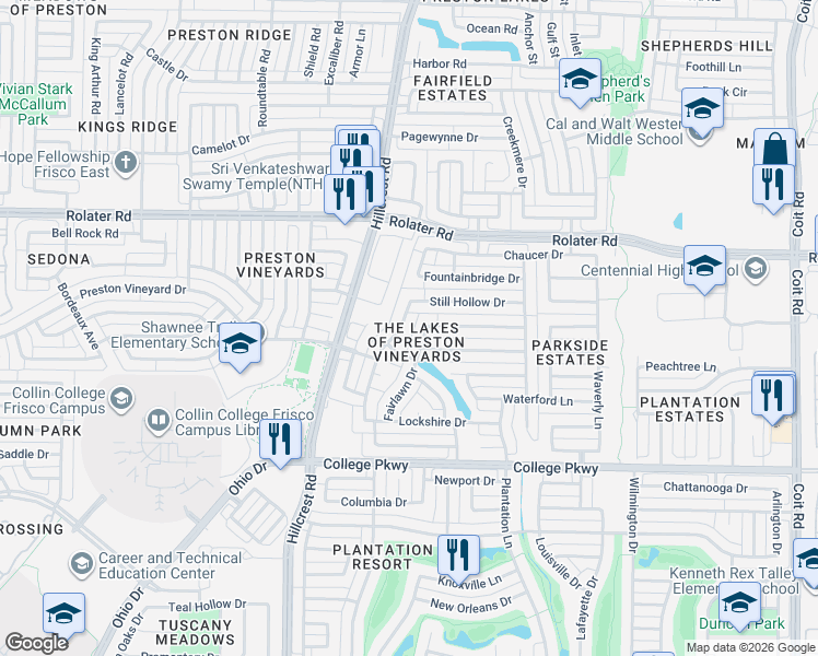 map of restaurants, bars, coffee shops, grocery stores, and more near 6747 Fairlawn Drive in Frisco