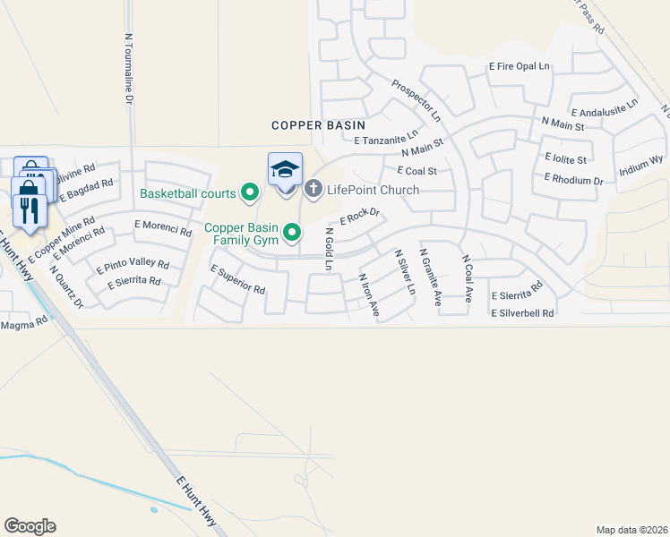 map of restaurants, bars, coffee shops, grocery stores, and more near 3870 East Morenci Road in Queen Creek