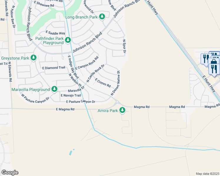 map of restaurants, bars, coffee shops, grocery stores, and more near 1075 East Crimm Road in Queen Creek