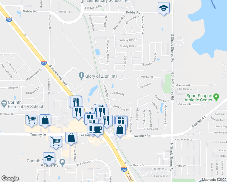 map of restaurants, bars, coffee shops, grocery stores, and more near 401 Springtree Road in Lake Dallas