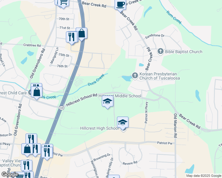 map of restaurants, bars, coffee shops, grocery stores, and more near 401 Hillcrest School Road in Tuscaloosa