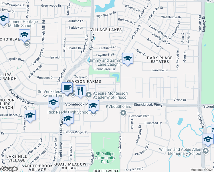 map of restaurants, bars, coffee shops, grocery stores, and more near 3119 Clearfork Trail in Frisco