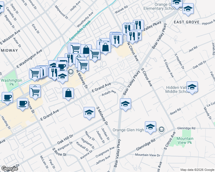 map of restaurants, bars, coffee shops, grocery stores, and more near 2130 Ardath Avenue in Escondido