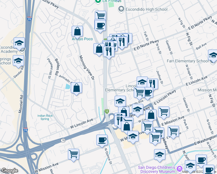 map of restaurants, bars, coffee shops, grocery stores, and more near 1169 Decatur Way in Escondido
