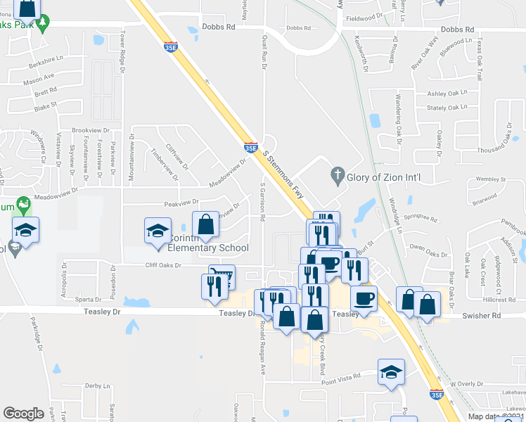 map of restaurants, bars, coffee shops, grocery stores, and more near 3152 South Garrison Street in Corinth