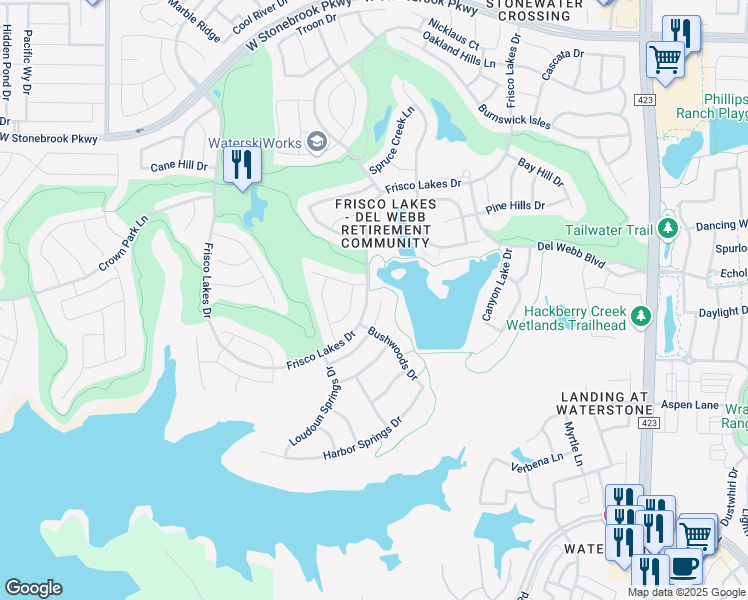 map of restaurants, bars, coffee shops, grocery stores, and more near 6752 Dewees Lane in Frisco