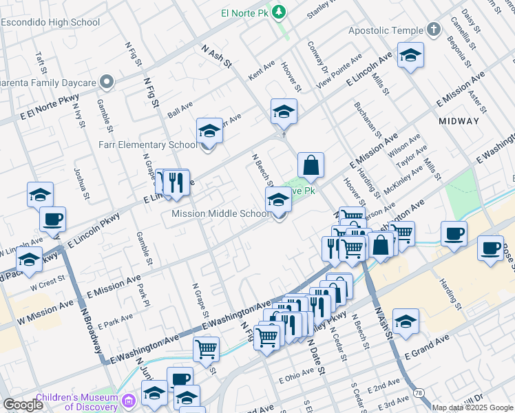 map of restaurants, bars, coffee shops, grocery stores, and more near 980 East Mission Avenue in Escondido