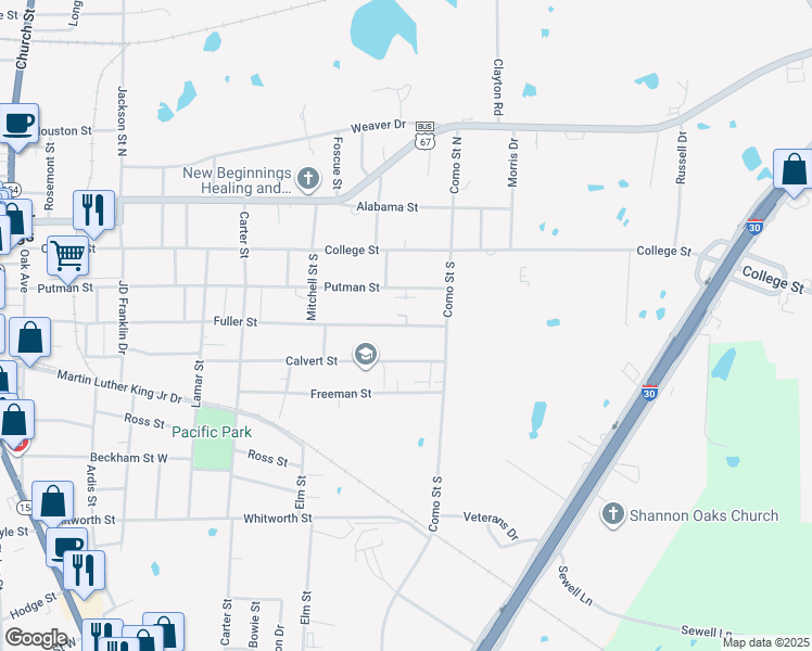 map of restaurants, bars, coffee shops, grocery stores, and more near 732 Fuller Street in Sulphur Springs