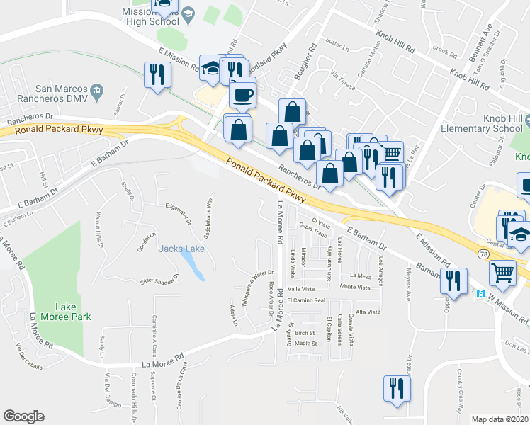 map of restaurants, bars, coffee shops, grocery stores, and more near 907 Mira Lago Way in San Marcos