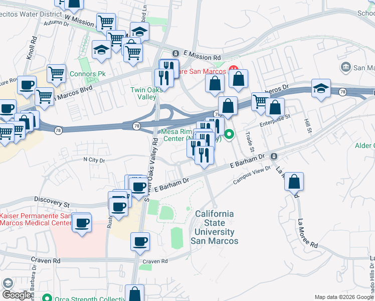 map of restaurants, bars, coffee shops, grocery stores, and more near 2661 Eden Court in San Marcos