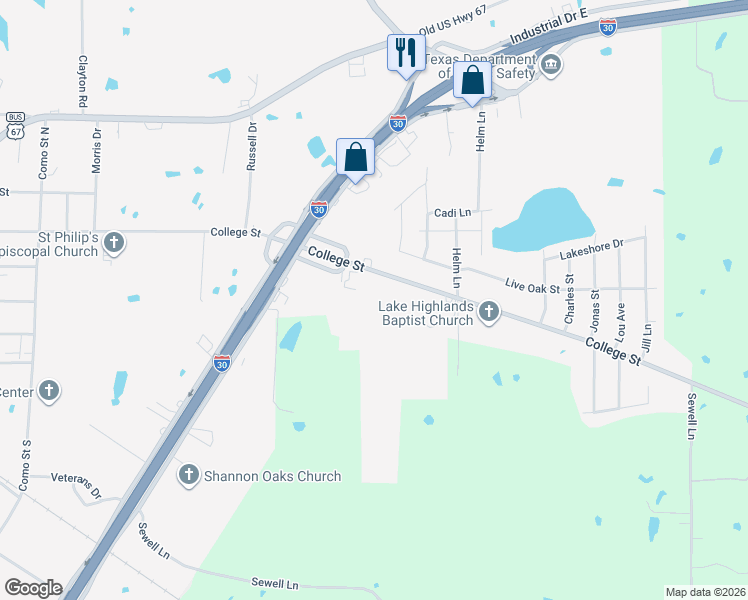 map of restaurants, bars, coffee shops, grocery stores, and more near 1414 Oak Grove Drive in Sulphur Springs