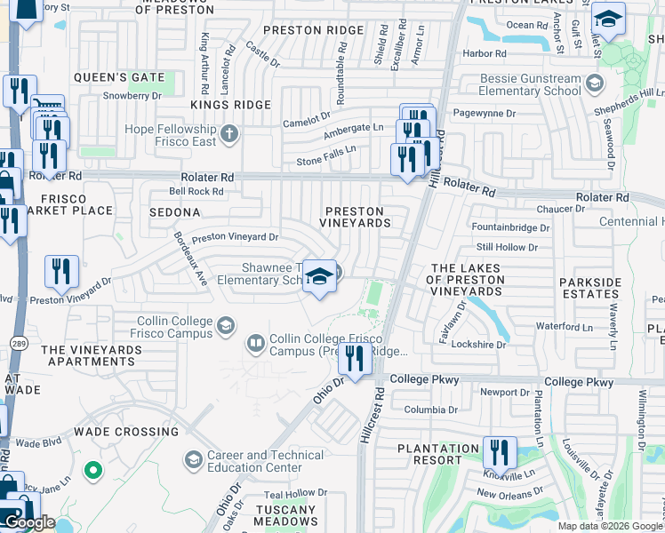 map of restaurants, bars, coffee shops, grocery stores, and more near 6809 Chateau Drive in Frisco
