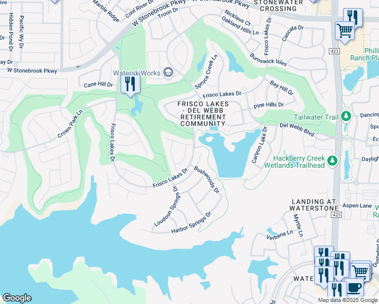 map of restaurants, bars, coffee shops, grocery stores, and more near 6752 Dewees Lane in Frisco