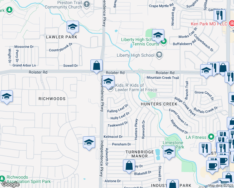 map of restaurants, bars, coffee shops, grocery stores, and more near 7 Haywood Court in Frisco