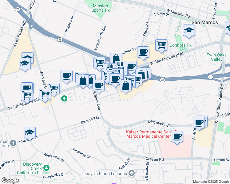 map of restaurants, bars, coffee shops, grocery stores, and more near 16 Creekside Drive in San Marcos