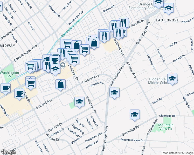 map of restaurants, bars, coffee shops, grocery stores, and more near 2130 Ardath Avenue in Escondido