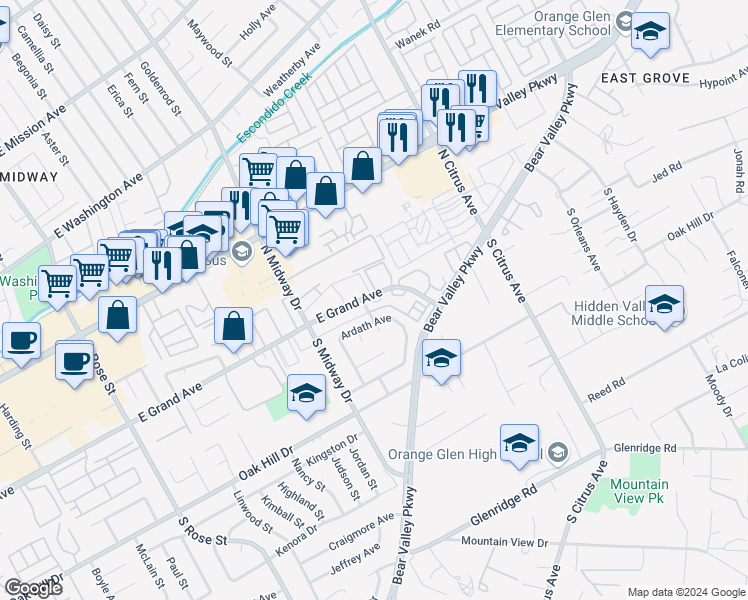 map of restaurants, bars, coffee shops, grocery stores, and more near 2121 East Grand Avenue in Escondido