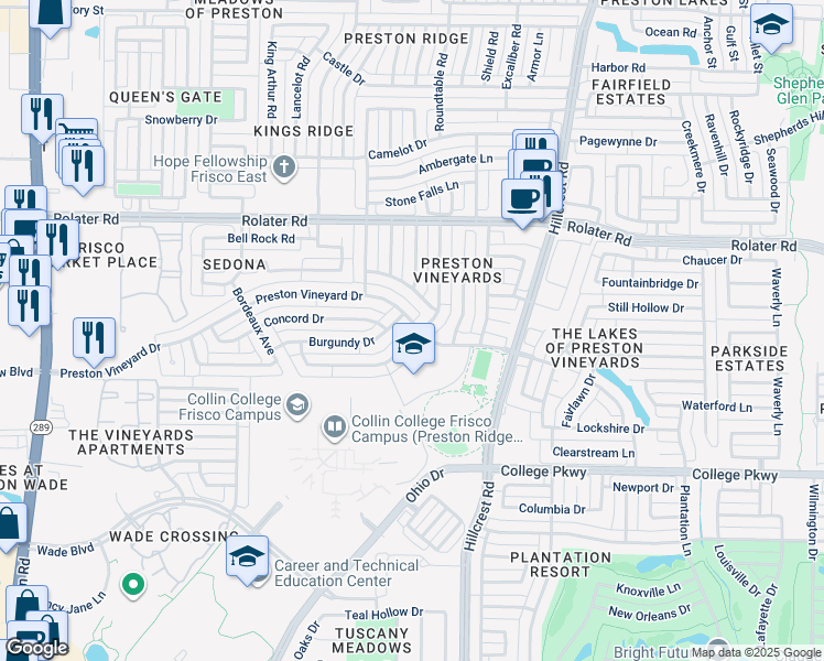 map of restaurants, bars, coffee shops, grocery stores, and more near 10512 Napa Valley Drive in Frisco