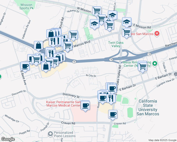 map of restaurants, bars, coffee shops, grocery stores, and more near 327 Discovery Street in San Marcos