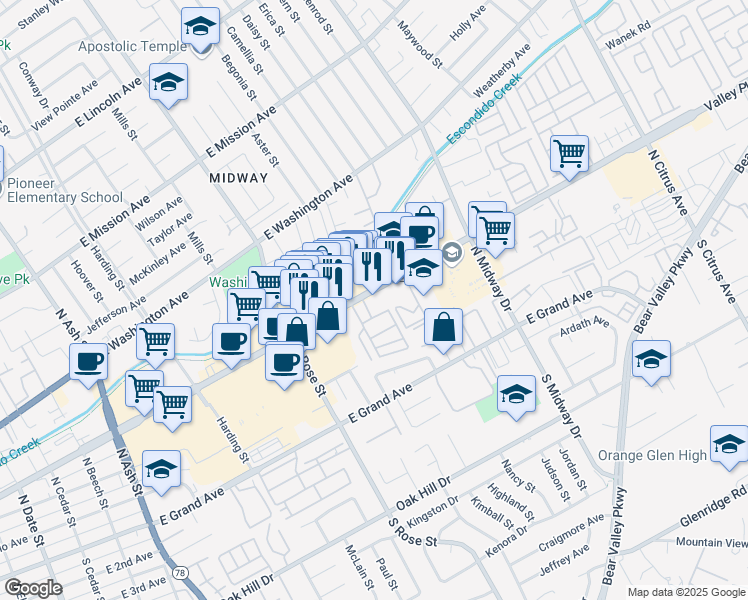 map of restaurants, bars, coffee shops, grocery stores, and more near 1755 East Valley Parkway in Escondido