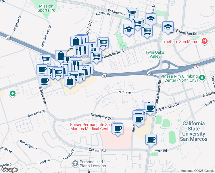 map of restaurants, bars, coffee shops, grocery stores, and more near 461 Caliper Way in San Marcos