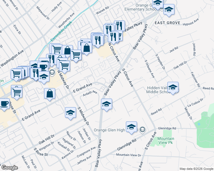 map of restaurants, bars, coffee shops, grocery stores, and more near 2222 Bear Valley Parkway in Escondido
