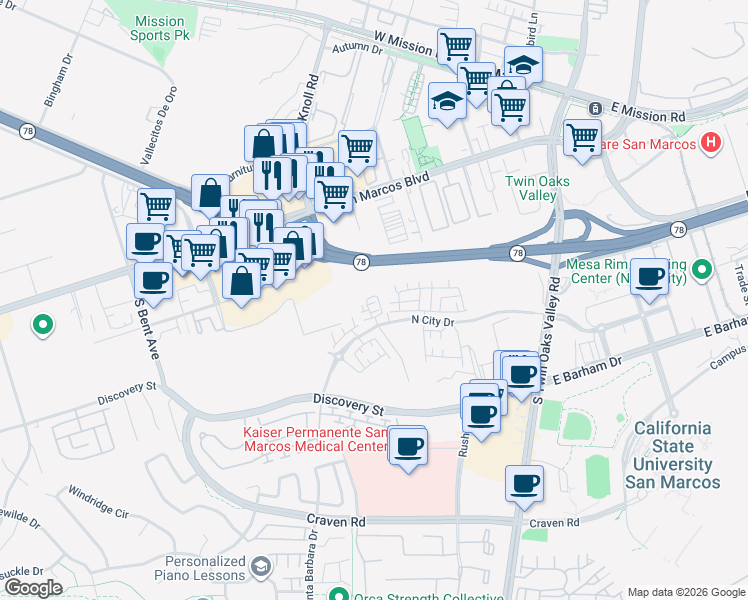 map of restaurants, bars, coffee shops, grocery stores, and more near 463 Caliper Way in San Marcos