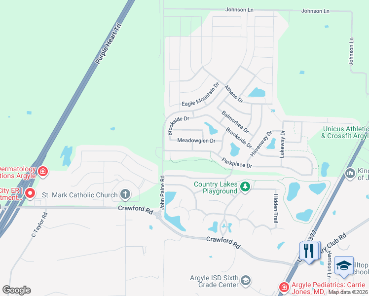 map of restaurants, bars, coffee shops, grocery stores, and more near 5908 Parkplace Drive in Argyle