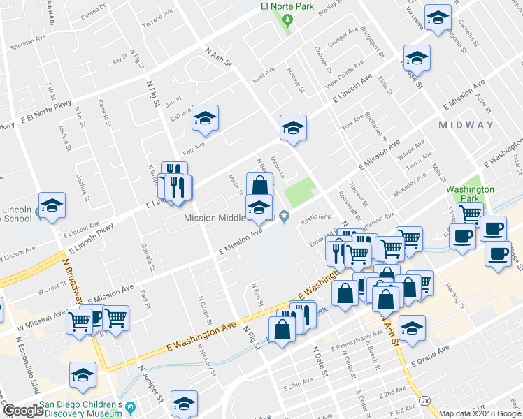 map of restaurants, bars, coffee shops, grocery stores, and more near 852 East Mission Avenue in Escondido