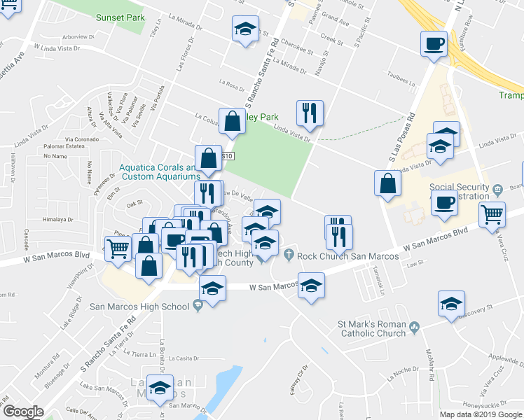 map of restaurants, bars, coffee shops, grocery stores, and more near 563 Beverly Place in San Marcos