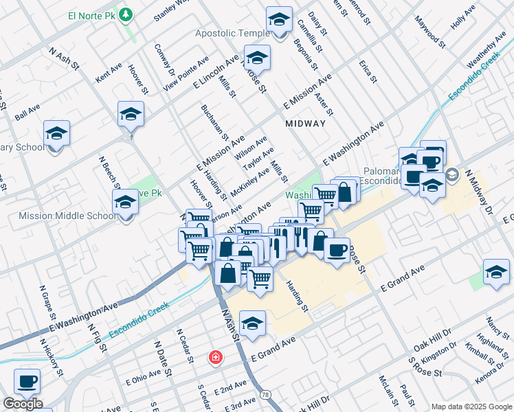 map of restaurants, bars, coffee shops, grocery stores, and more near 1372 East Washington Avenue in Escondido