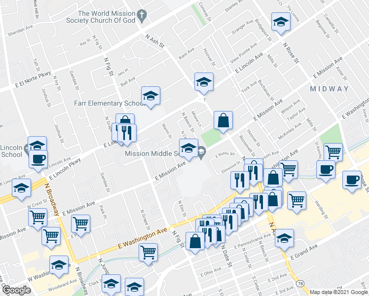map of restaurants, bars, coffee shops, grocery stores, and more near 980 East Mission Avenue in Escondido