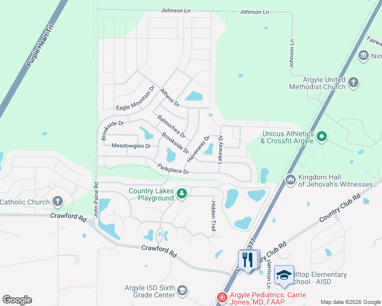 map of restaurants, bars, coffee shops, grocery stores, and more near 9800 Havenway Drive in Argyle