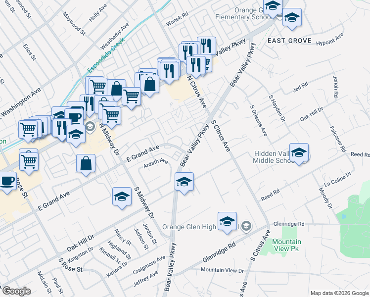map of restaurants, bars, coffee shops, grocery stores, and more near 2222 Bear Valley Parkway in Escondido