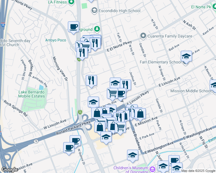 map of restaurants, bars, coffee shops, grocery stores, and more near 1125 North Broadway in Escondido