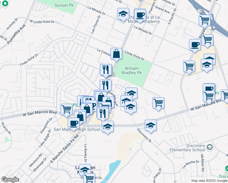 map of restaurants, bars, coffee shops, grocery stores, and more near 1612 Grandon Avenue in San Marcos