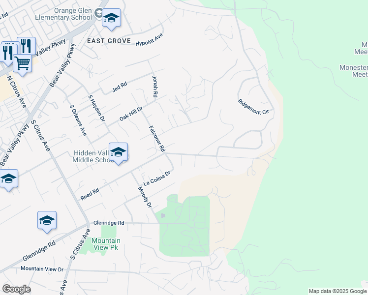 map of restaurants, bars, coffee shops, grocery stores, and more near 2954 Reed Road in Escondido