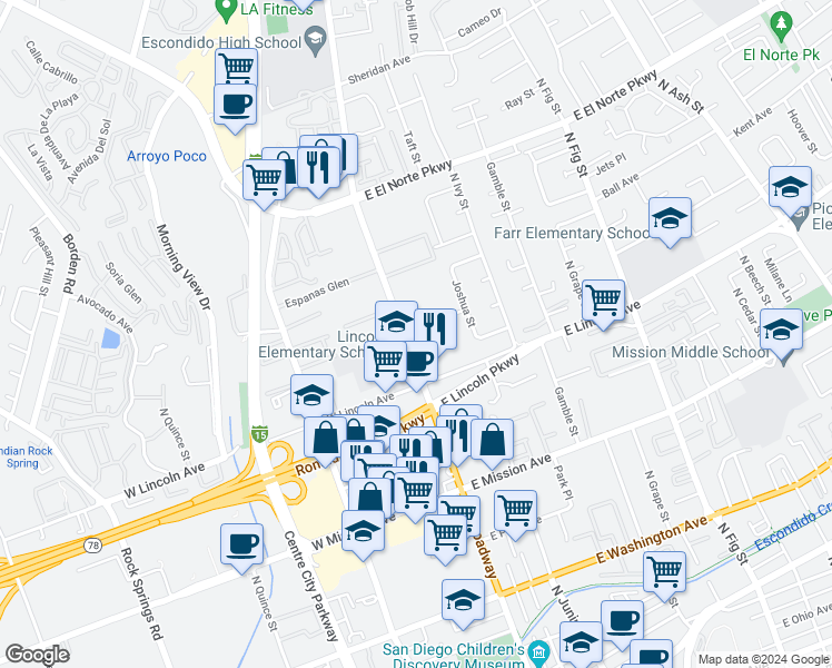 map of restaurants, bars, coffee shops, grocery stores, and more near 1068 North Broadway in Escondido