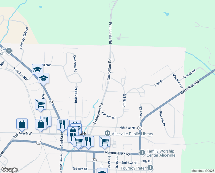 map of restaurants, bars, coffee shops, grocery stores, and more near Franconia Road in Aliceville