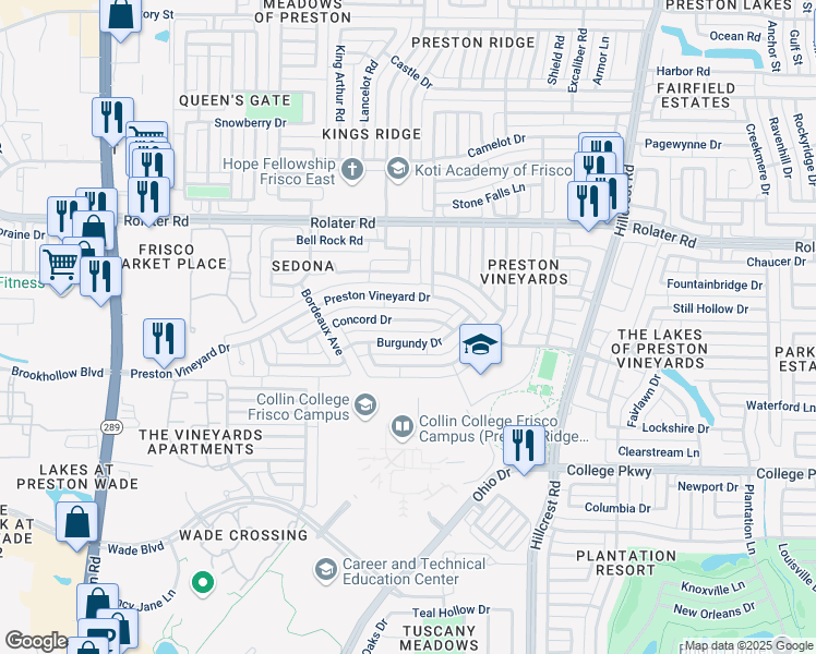 map of restaurants, bars, coffee shops, grocery stores, and more near 10120 Burgundy Drive in Frisco