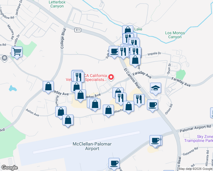 map of restaurants, bars, coffee shops, grocery stores, and more near 2292 Faraday Avenue in Carlsbad