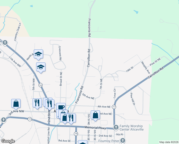 map of restaurants, bars, coffee shops, grocery stores, and more near 550-556 8th Avenue Northeast in Aliceville