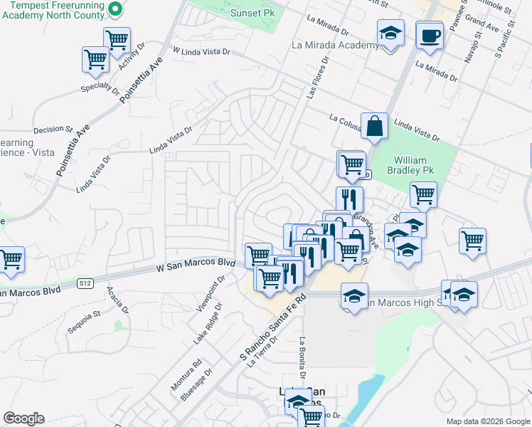 map of restaurants, bars, coffee shops, grocery stores, and more near 650 South Rancho Santa Fe Road in San Marcos