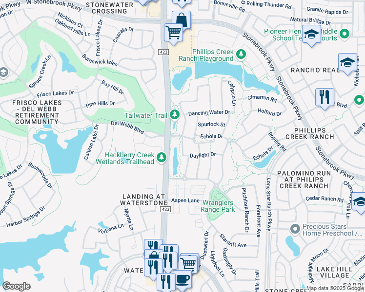 map of restaurants, bars, coffee shops, grocery stores, and more near 6718 Tailwater Trail in Frisco